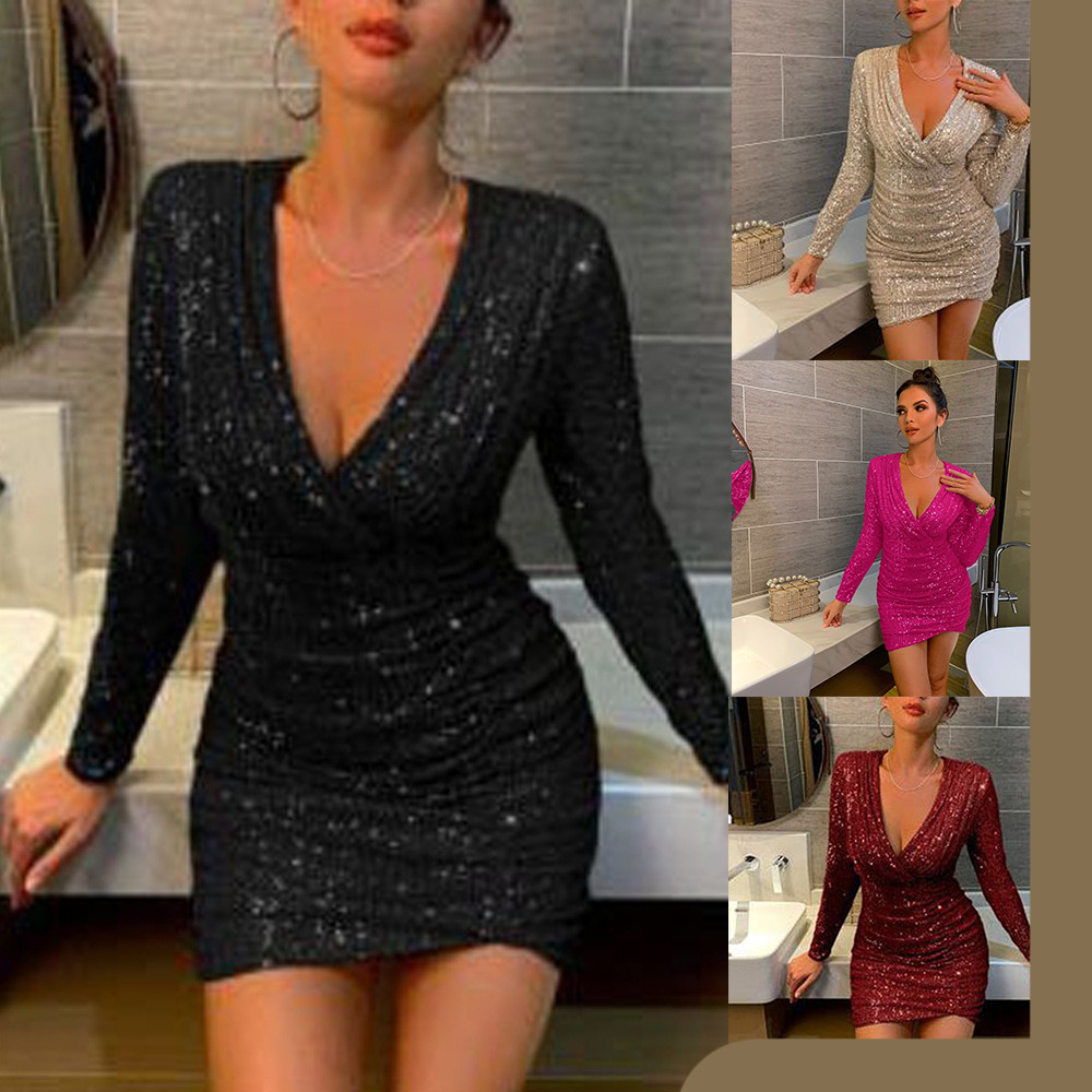 Cross-Border New Hot-Selling Amazon European and American Clothing Sexy V-Neck Hip-Hugging Short Skirt Fashionable Sequin Dress