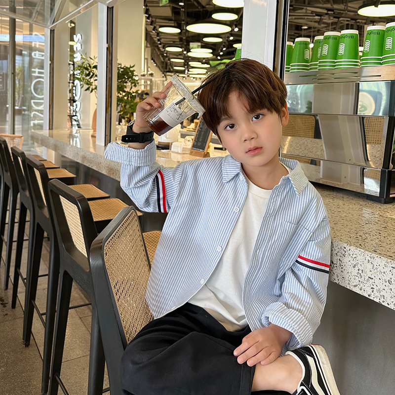 Tong Chenchen Mom Men's Children's Clothing Western Style Hong Kong Style Temperament Children's Shirt College Style Long Sleeve Shirt Top Striped Tide TB