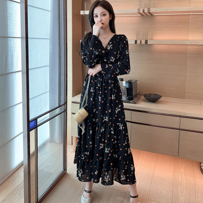 2021 Popular Skirt Autumn New Dress Women's Tight Waist Slimming Elegant Vintage Base Floral Long Dress