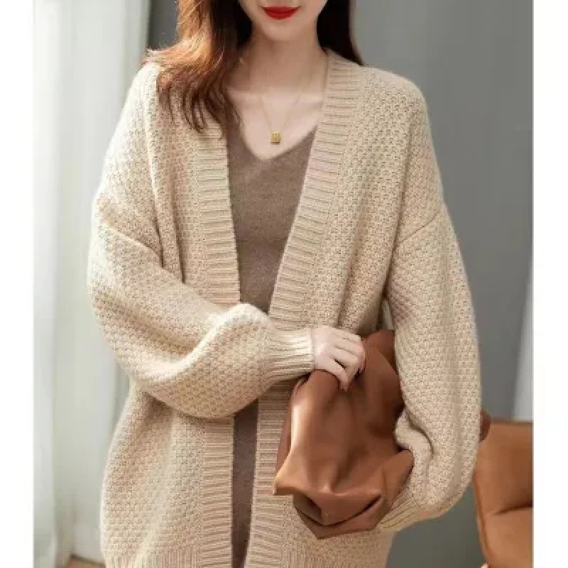 Korean Style Yong Lai Style Versatile Pure Color Knitted Cardigan Camel Long-Sleeved Sweater Women's Mid-Length Korean Style Commuter Jacket