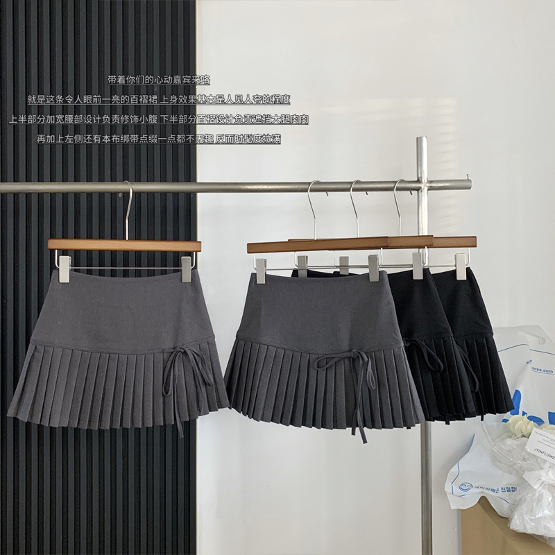 Grey Pleated Skirt Skirt Women's 2024 New Design Sense Lace-up High Waist Slimming A- line Skirt Elegant Short Skirt