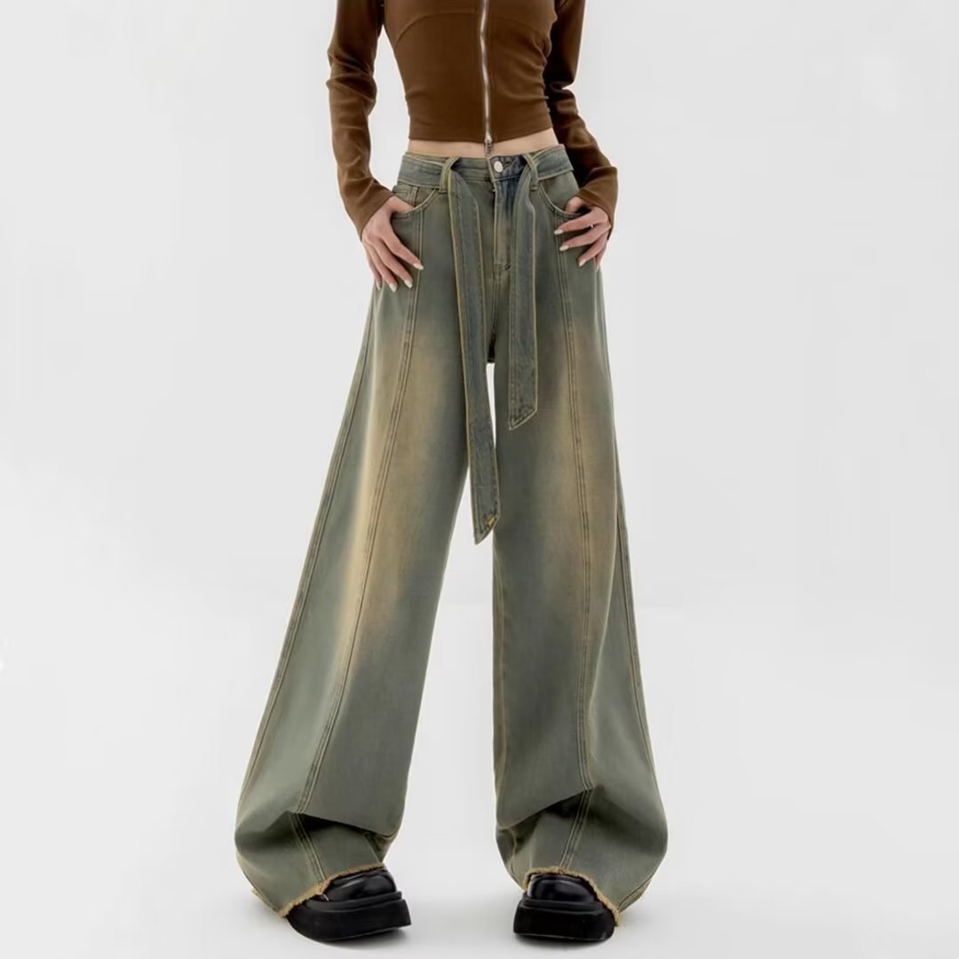 Vintage Straight-Leg Jeans American High Street Spring and Autumn High Waist Wide-Leg Pants Loose Slimming Pear-Shaped Body Pants for Women