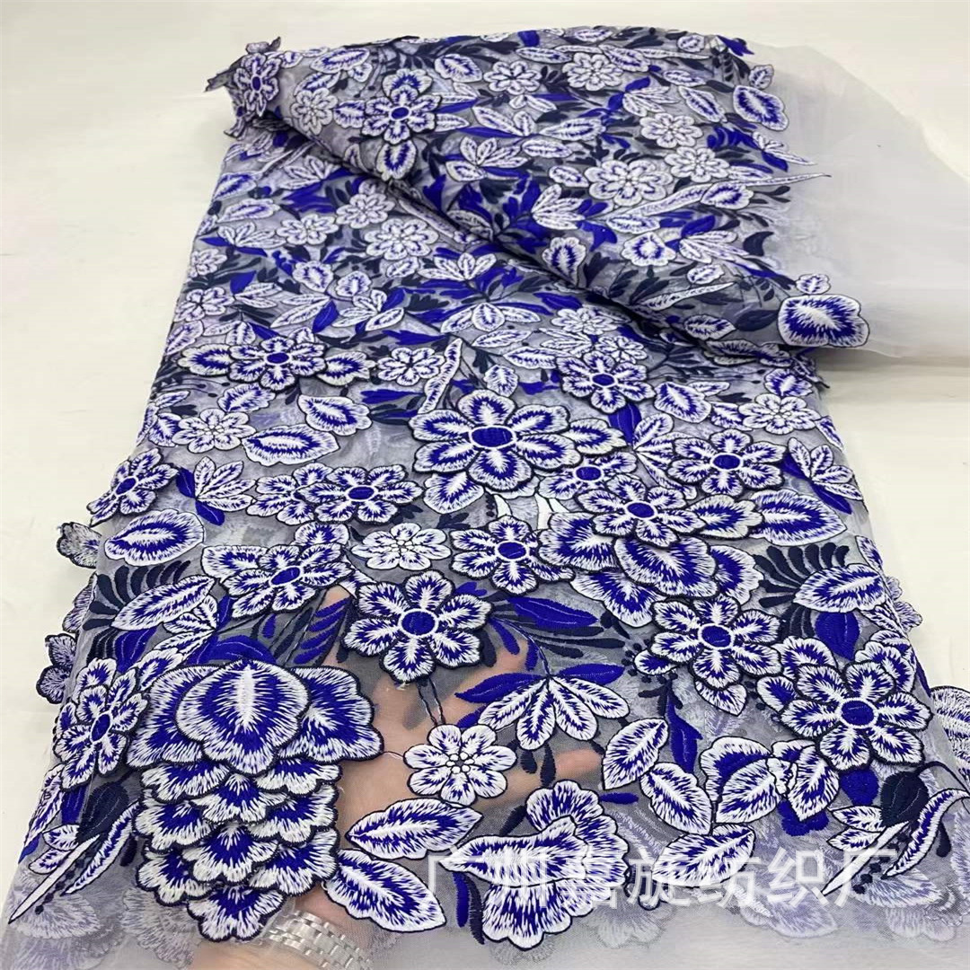 Heavy Industry Multi-Layer Water-Soluble Embroider Lace Fabric Blue and White Porcelain National Style Dress Cheongsam Applique Embroider Cloth Jx4090