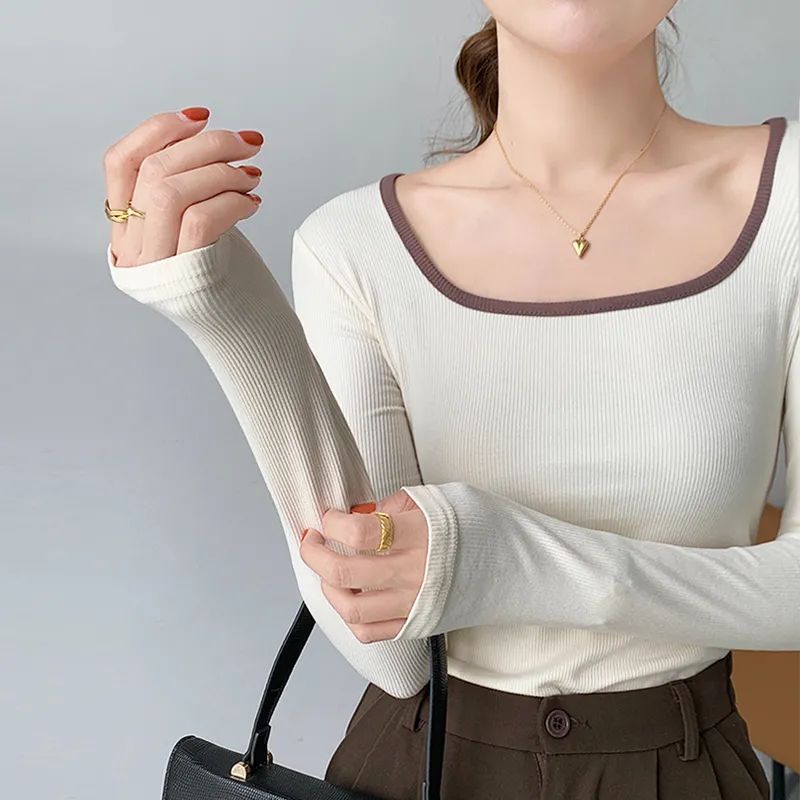 Shoulder Long-sleeved T-shirt Women's Spring 2024 New Slim-fit Slimming Base Shirt with Square Collar Instagram Short Top