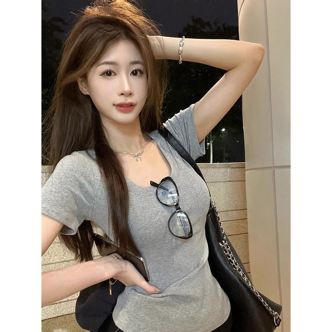 Versatile gray shoulder short-sleeve T-shirt for women, summer new stretch pure cotton solid color simple hot girl small shirt