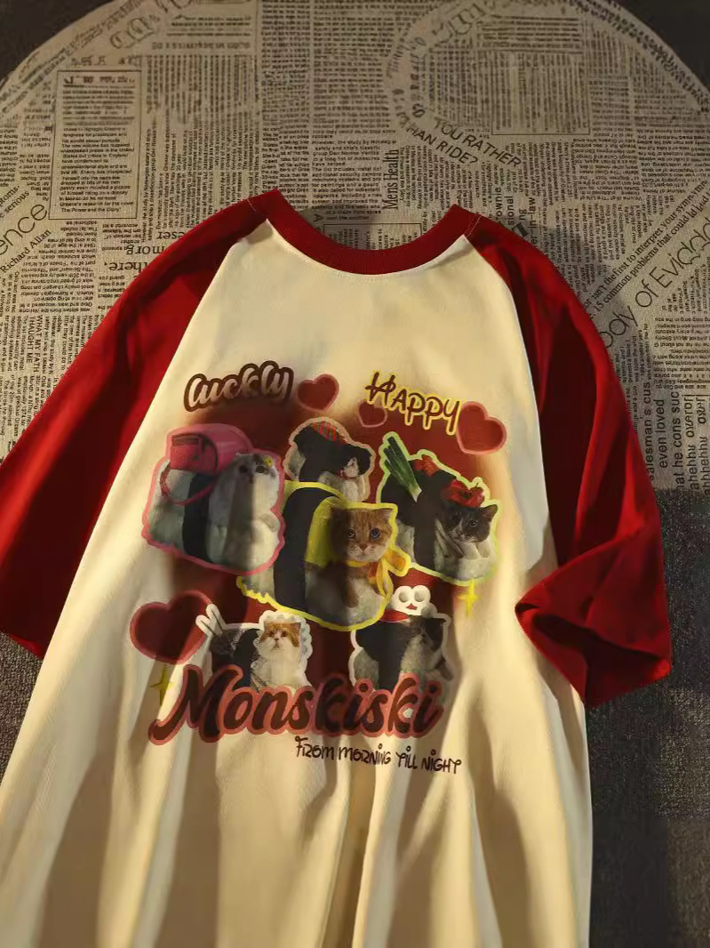 NaTional Trend American Raglan ShorT-sleeved T-shirT for Women Summer 2024 New Splicing ConTrasTing Color Loose Niche Couple Tops for Women