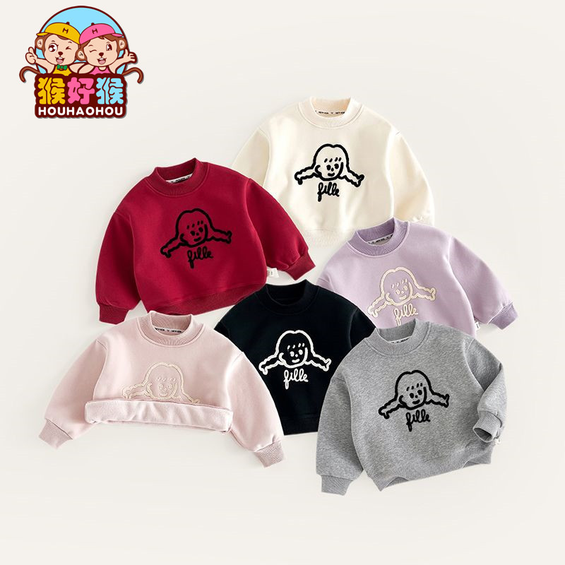 Children's Korean-style all-match 2024 girls baby boys autumn and winter new fashion fleece-lined round neck one-piece velvet sweater