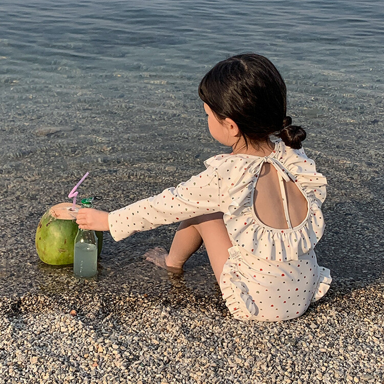 New ins Kids Swimwear Girl Princess Backless Long-Sleeved One-Piece Swimsuit Beach Vacation Western Style Sweet Swimsuit