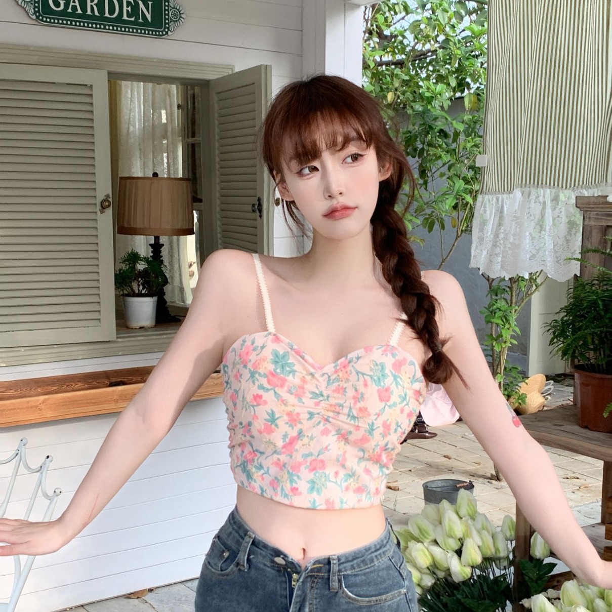 French Small Floral Beautiful Back Camisole for Women with Breast Pads, Versatile Bottoming Tube Top, Summer Sexy and Sweet Top
