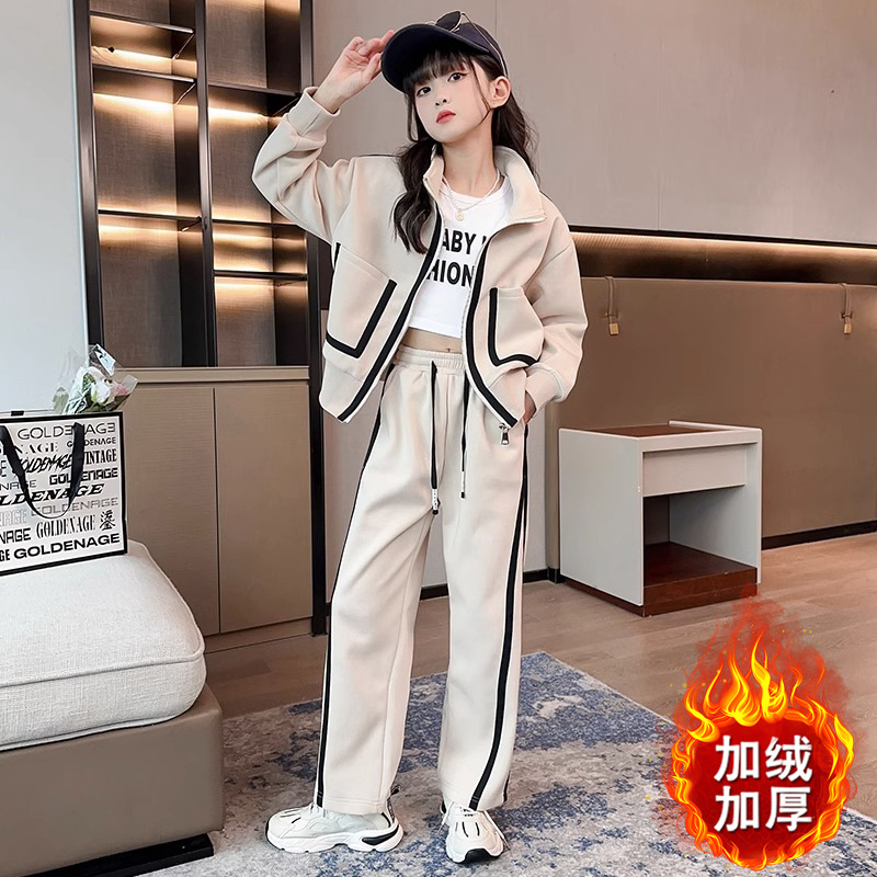 Picture of Girls' 2024 New Autumn and Winter Sports suit Girls' Straight Pants Slim-fit fleece-lined Thickened Two-piece Set