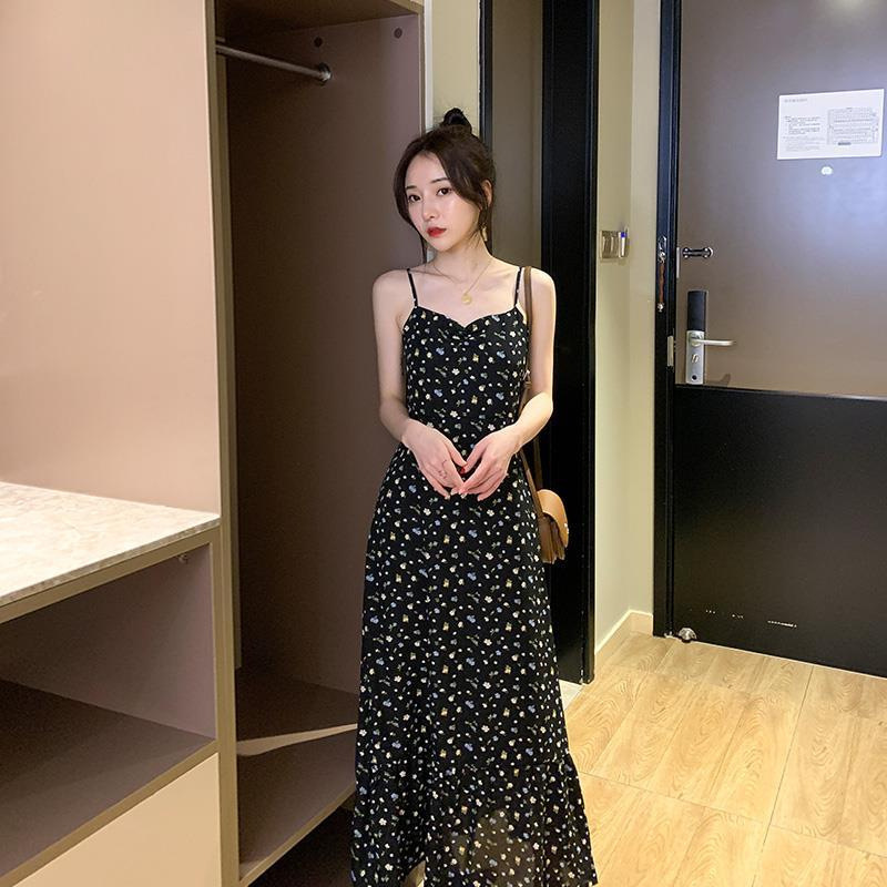 Floral Sling dress Women's Chiffon Long Dress Spring and Summer 2024 New Slim Look Inner Elegant Black Long Skirt