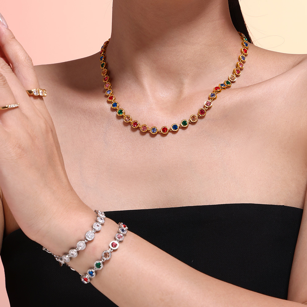 European and American New Fashion Colorful Zircon Necklace Women's High-end Feeling Temperament Exquisite Light Luxury Color-free Titanium Steel Clavicle Chain