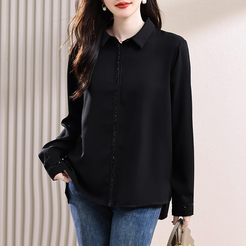 Black Chiffon Shirt Women's Feeling Elegant Spring European Style Fashion Spring Top Base Black Shirt