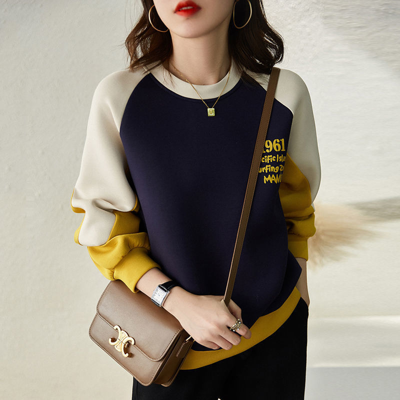 Cotton Sweatshirt Women's Trendy I Spring and Autumn New 2021 Loose All-match Design Sense Stitching Color Hoodless Top
