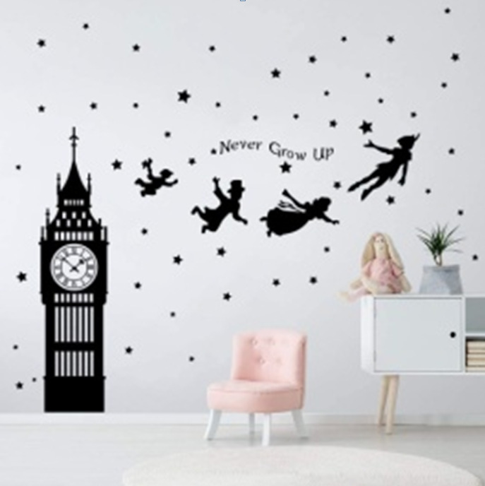 Never Grow up Peter Pan Bell Tower Pattern Carved Art Wall Stickers Children's Bedroom Decoration