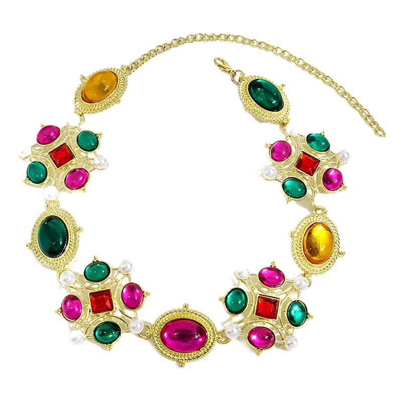 European and American Cross-border Retro Pearl Earrings Palace Style Middle Ancient Color Gem Necklace Geometric Oval Necklace suit