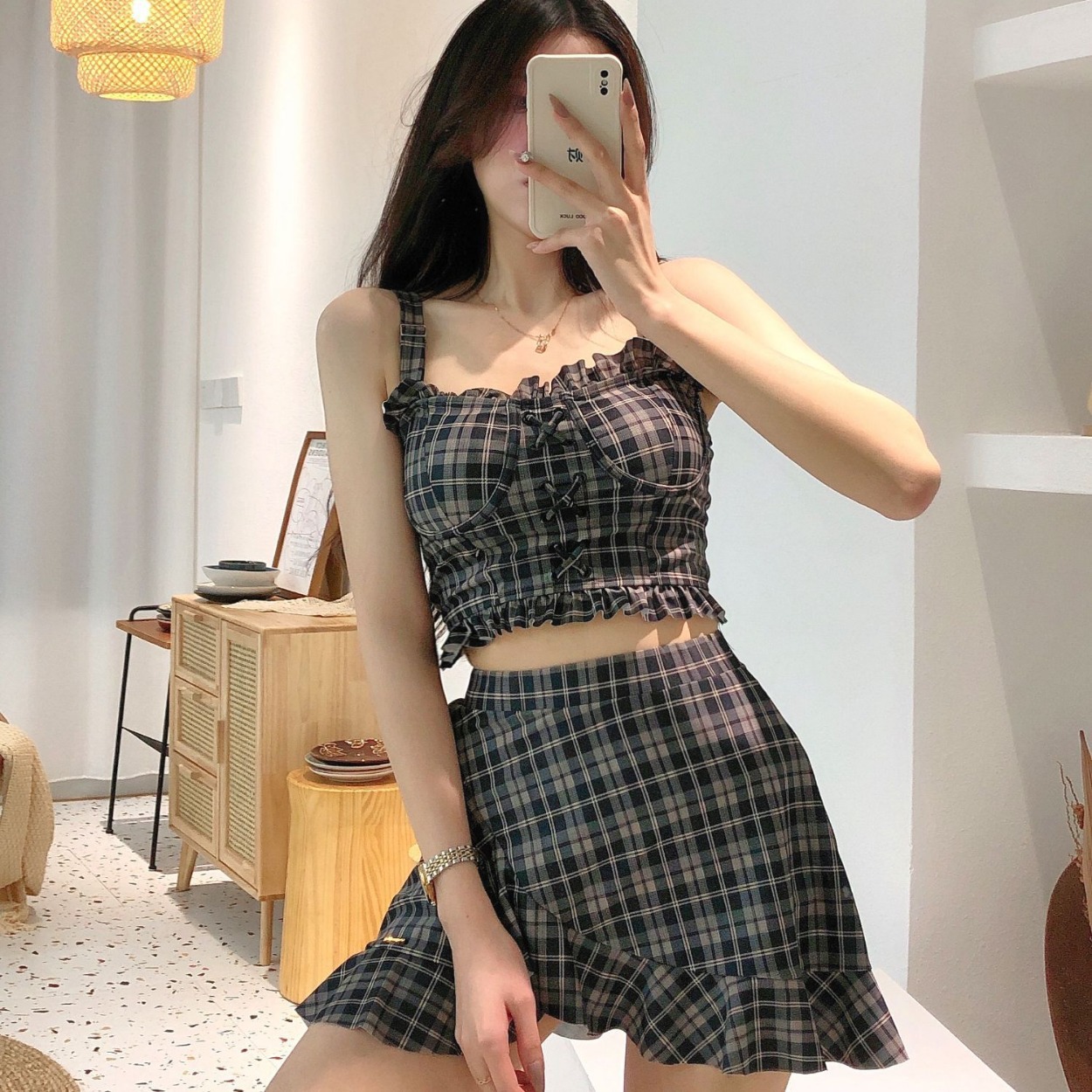 Shikoer Retro Plaid High Waist Split Skirt Boxer Swimsuit 2020 Hot Spring Women's Small Breast Belly Covering Conservative Swimsuit