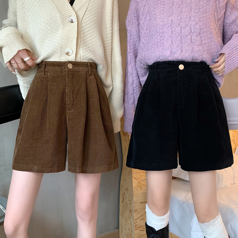 chubby girl Corduroy Shorts Women's Autumn and Winter All-match A- line Casual Wide-leg Pants plus size Outer Wear Loose Slimming Pants