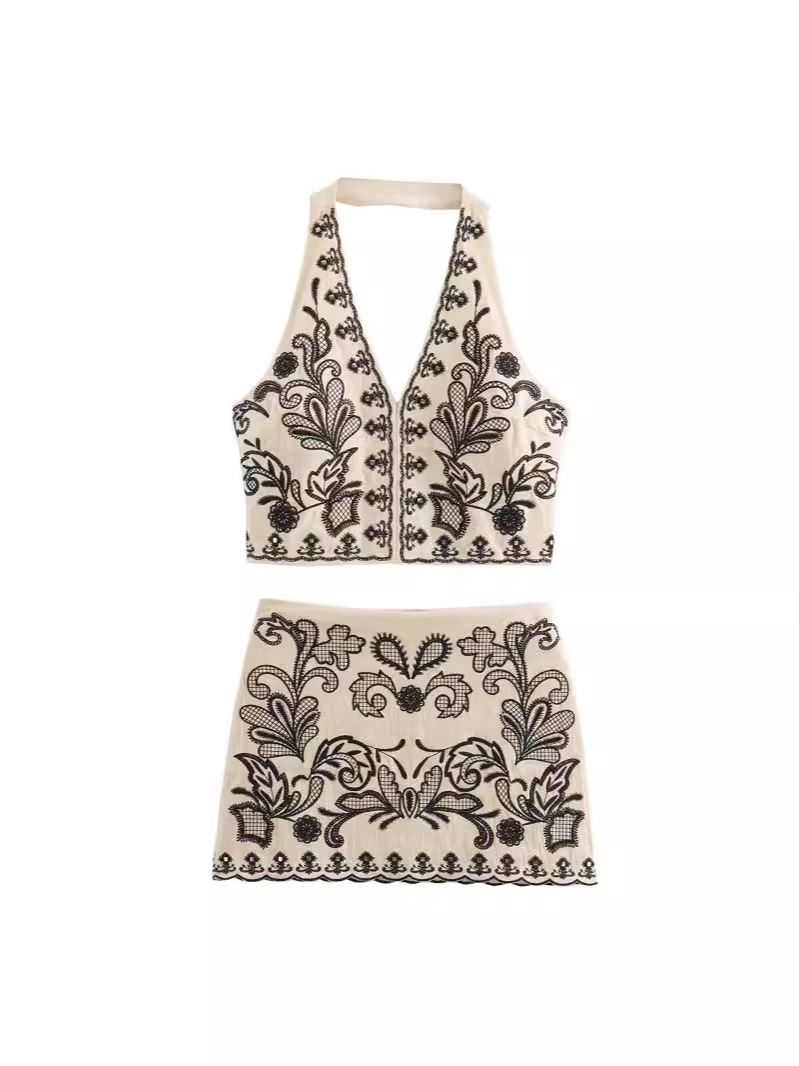 Picture of Europe and the United States cross-border new 2024 foreign trade women's wholesale ZRA embroidery hanging neck collar short jacket overskirt suit