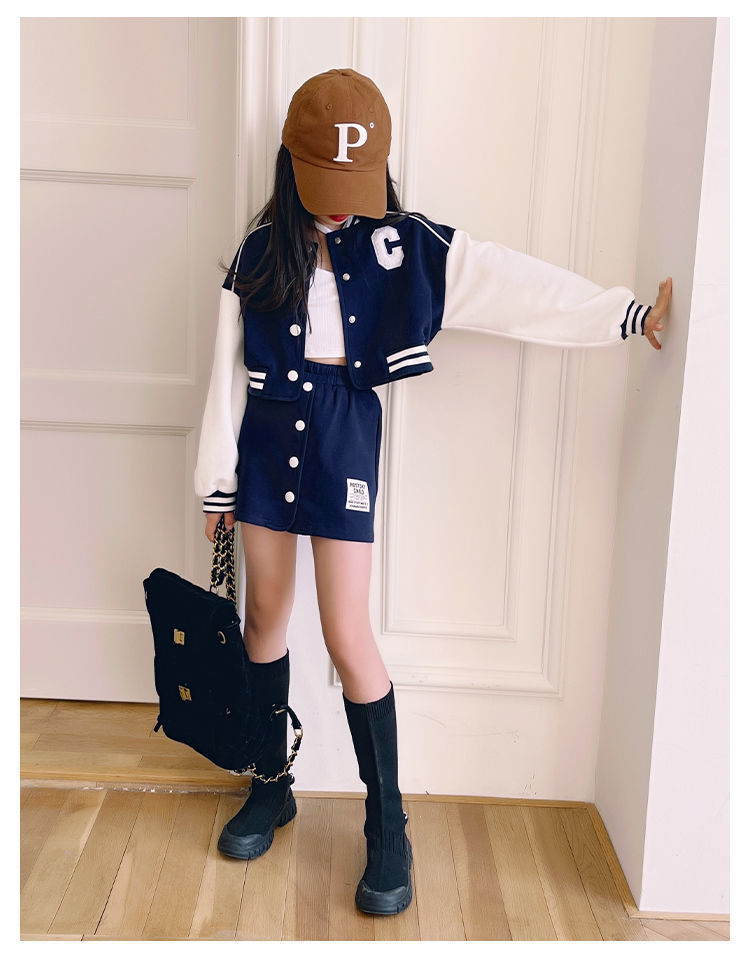 Picture of Girls Korean Spring and Autumn Suit 2024 Autumn Fashionable New Button Baseball Uniform Short Skirt Two-Piece Set for Big Children