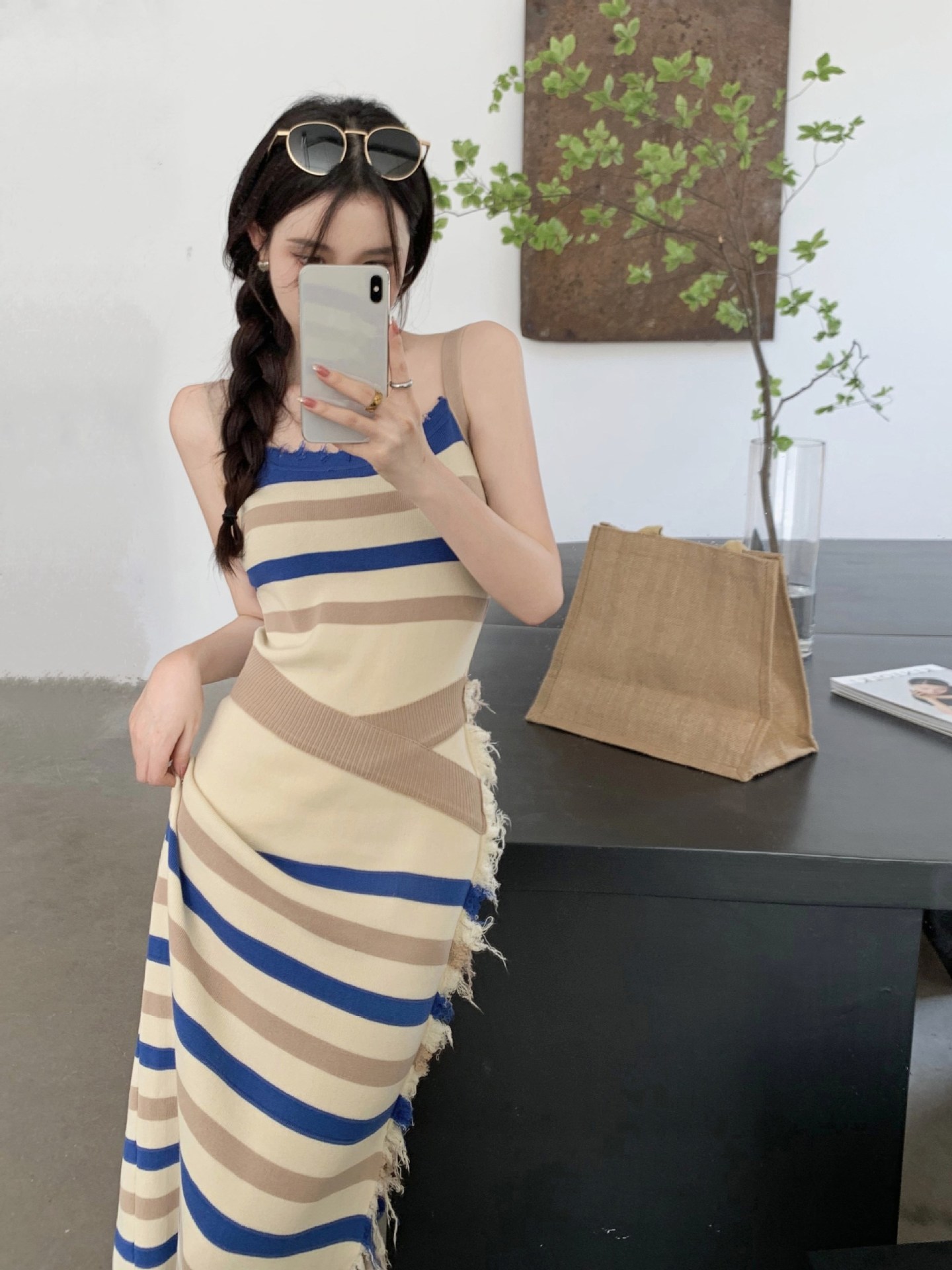 Hot Girl Striped Knitted Slip Dress Women's Summer New Color Contrast Split Sexy A- Line Mid-Length Hip Dress