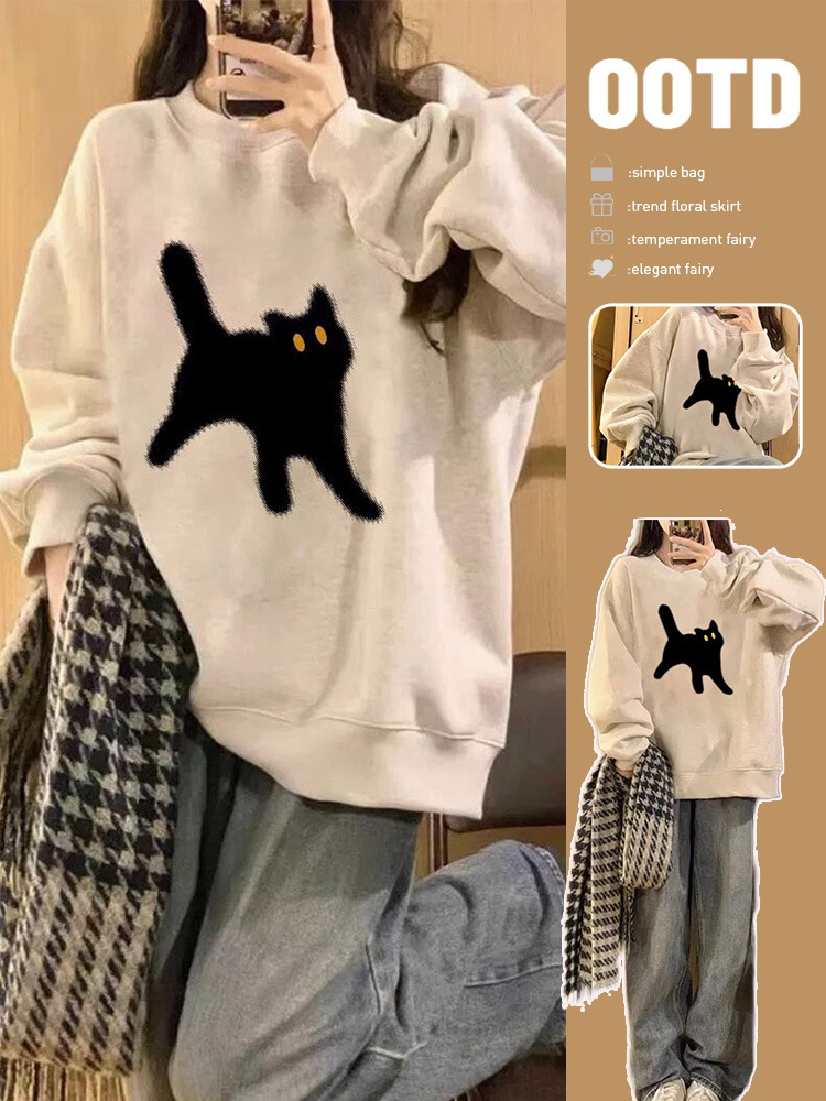 Picture of American Retro Oversize Round Neck Sweatshirt for Women 2025 New Spring and Autum Gray Velvet Early Autum Outwear Top