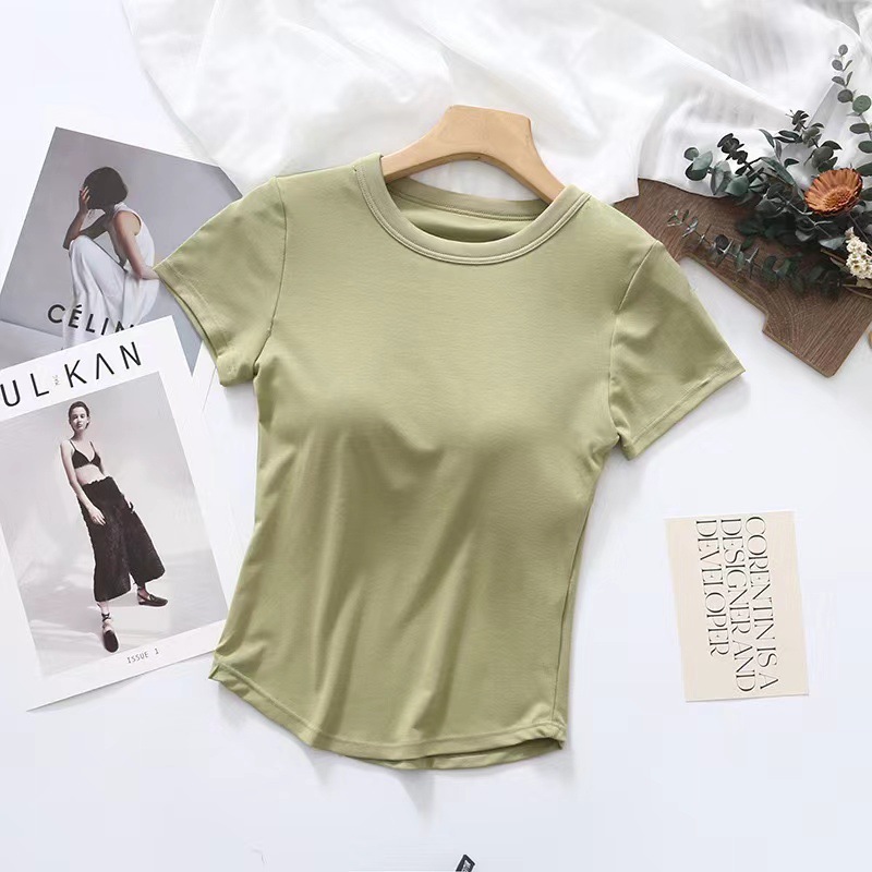 Women's Short-sleeved T-shirt with Chest Pad for Summer Thin Bra One-piece Underwear Yoga Sports Top