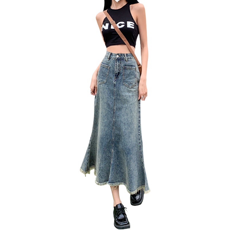 Vintage Fishtail Skirt Denim Skirt Women's ins Style Design Sense Niche A- line Hip High Waist Half-length Skirt