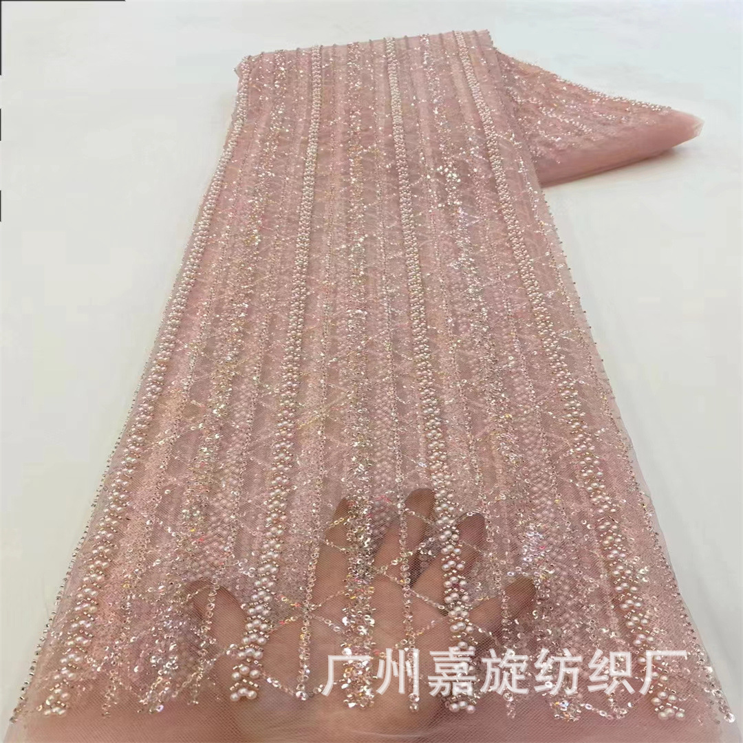 French Vertical Stripe Crystal Sequins Bead Tube Lace Mesh Bottom Fabric Pearl Bead Embroidered Wedding Dress Fashion Fabric