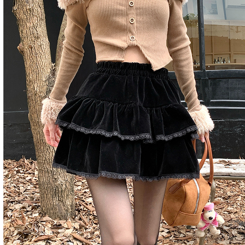 Velvet Autumn and Winter 2024 New High Waist Slimming Short Skirt Small A Character Design Sense Pleated Puffy Skirt Women