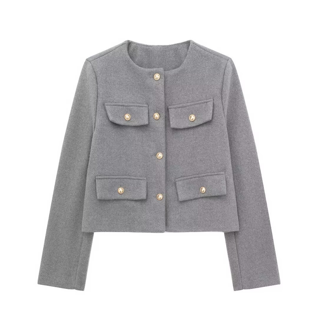 Picture of Foreign Trade Wholesale Autum New European and American Style Flip-Up Round Neck Short Jacket 3046278