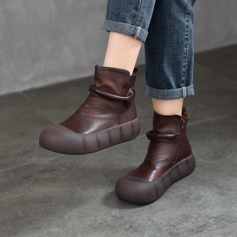 Recommended Autumn and Winter Retro Casual Baotou Thick-Soled Short Boots Genuine Leather Literary Style Velcro Women's Boots