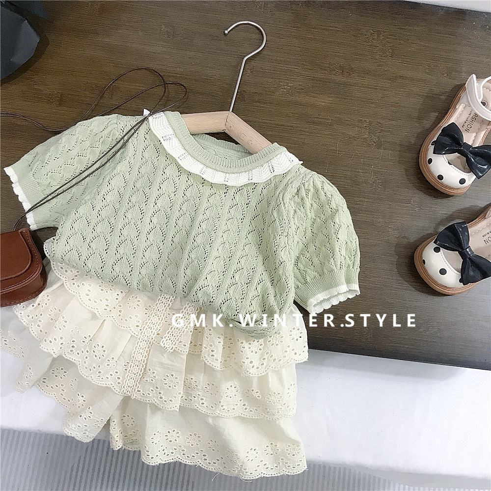 Girls' Summer suit 2024 New Stylish Baby Girl's Hollow Puff Sleeve Top Children's Lace Culottes