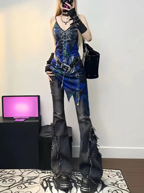 American High Street Vibe Washed Casual Versatile Fringed Fashionable Design Jeans Fashion Versatile Flared Pants