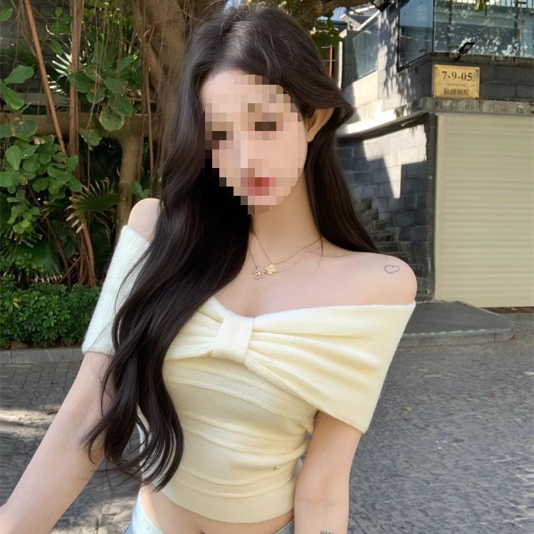6710 # One-Shoulder Bow Short-Sleeved Sweater for Women in Summer Slim Fit with Pure Sexy Hot Girl Tight Tube Top