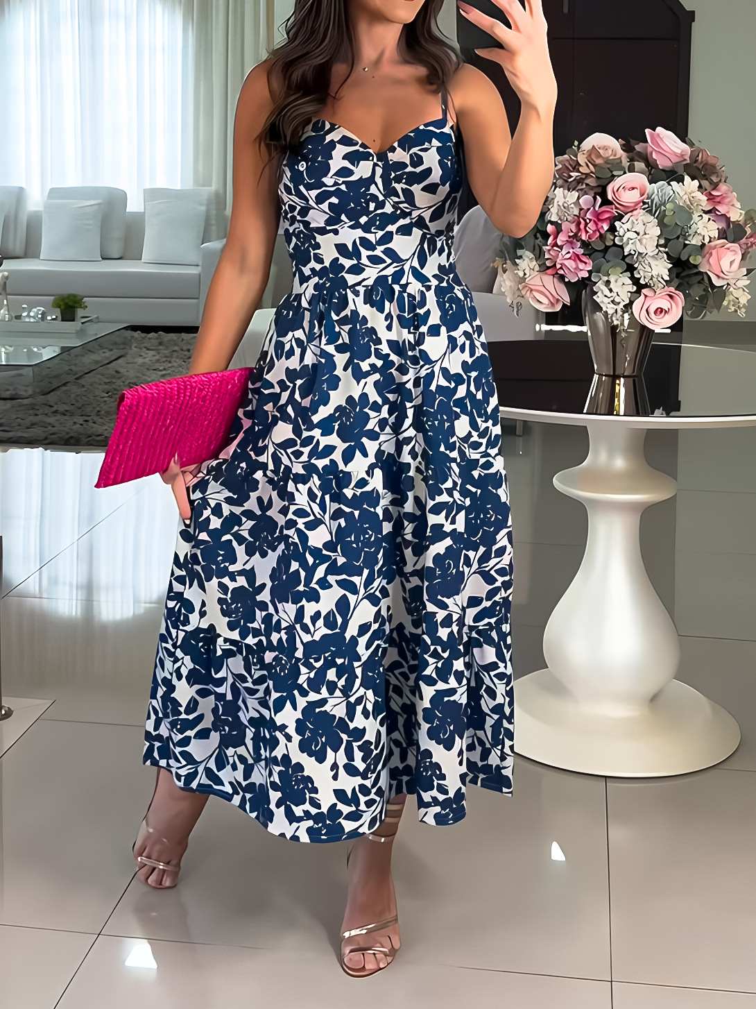 10682 Cross-Border European and American Amazon Women's Printed Holiday Casual Suspender Dress
