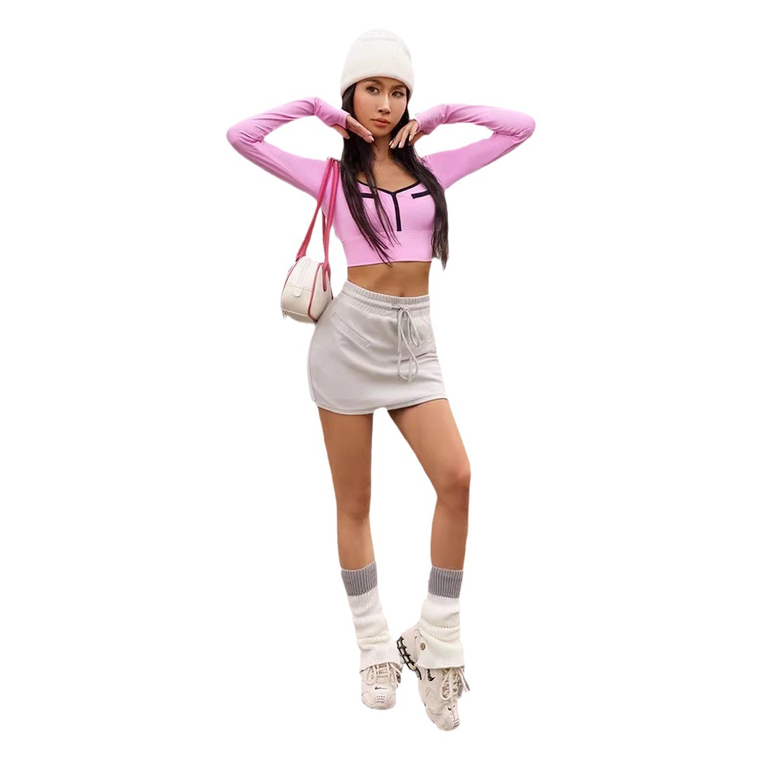 Autumn and Winter contrast color Chanel style short long sleeve finger yoga clothes with chest pad sports tight fitness top for women slimming
