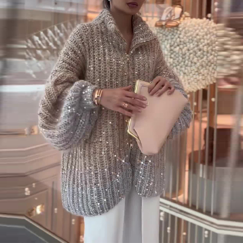 Picture of 2023 Autumn/Winter New European and American Style Sequin Loose Sweater Jacket for Women, Lazy Style Thick Cardigan, Chanel Style V-Neck