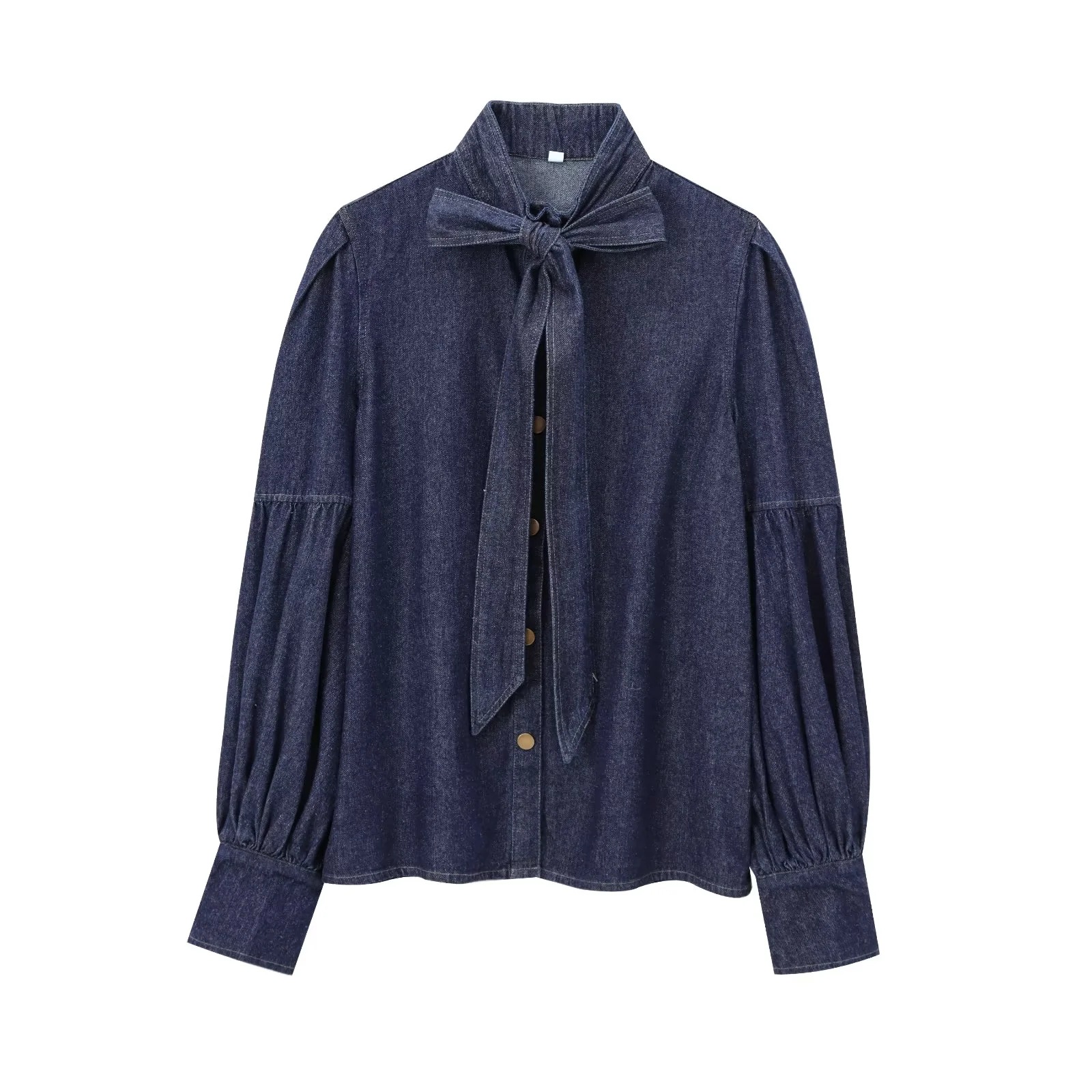 Bow Lace-up Lantern Sleeve Knot Shirt Women's Autumn and Winter 2024 European and American Fashion New Denim Shirt