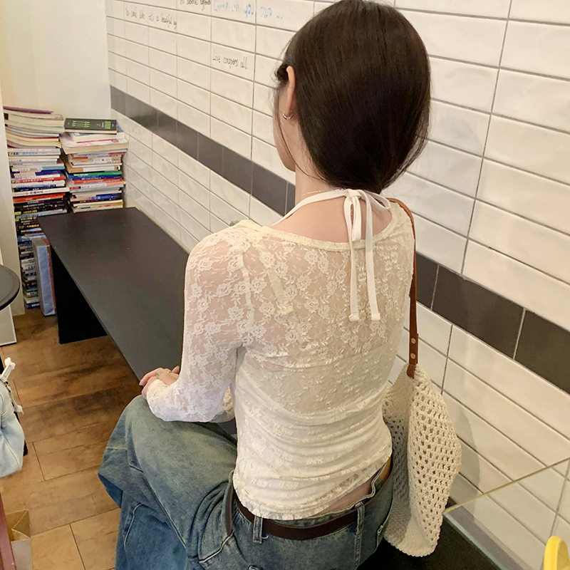 Discount Sweet and Spicy Chic Thin Lace Blouse Hanging Neck Lace T-Shirt Women's Summer New Two-piece Suit