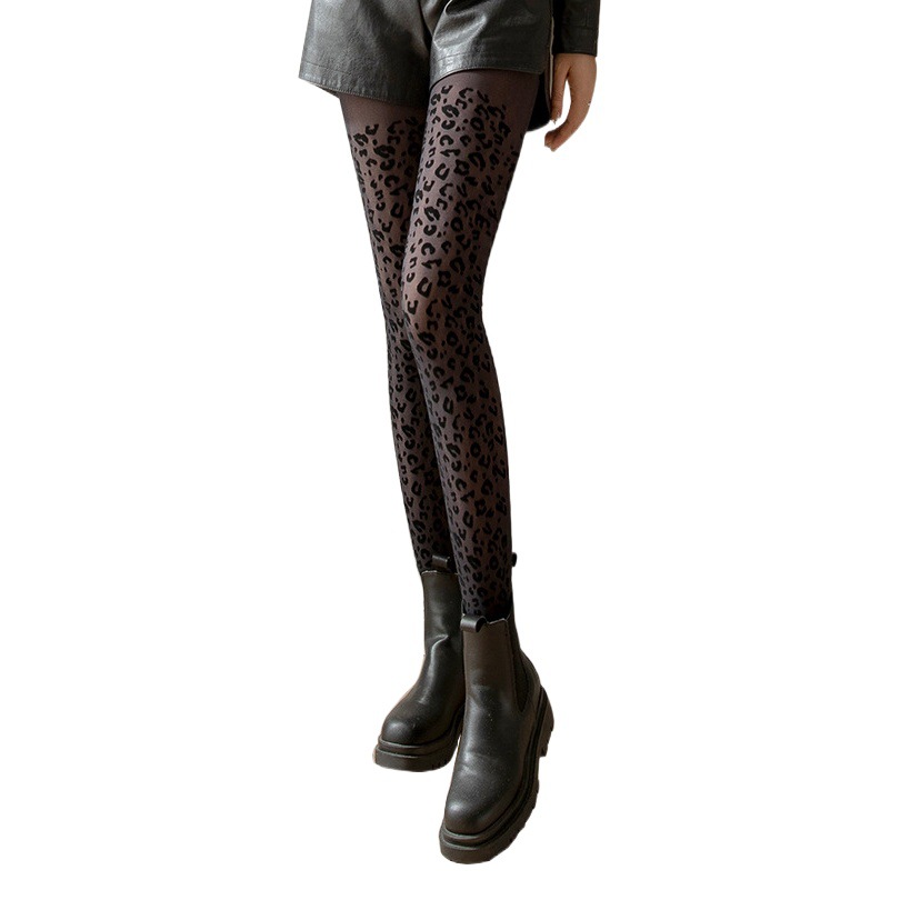 Autumn and Winter New Thickened One-piece Pantyhose Flocking Printed Leopard Print Sexy Pantyhose Slimming Leggings for Women Black