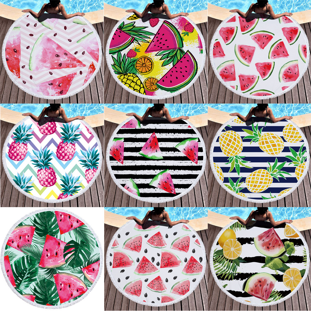 Cross-Border Microfiber Fashion Simple Tassel Round Beach Towel Bath Towel Yoga Mat Tropical Fruit Pineapple New Style