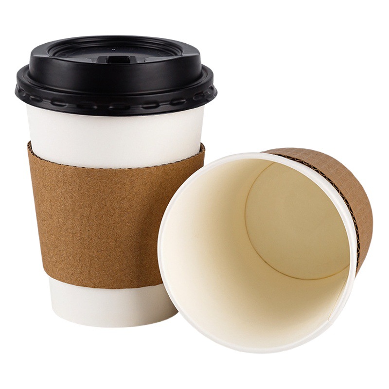 White Cup with Lid and Cup Holder Set 50 Pieces Per Pack Disposable Paper Cup Thickeneded Cowhide Corrugated Cup Set Coffee Cup