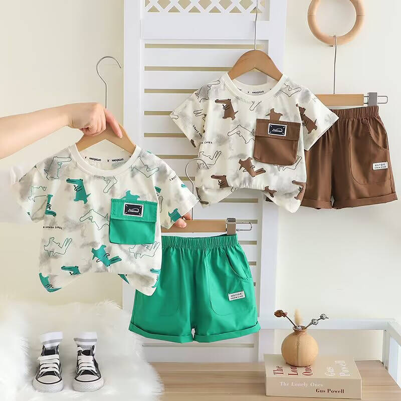 Boys Summer Suit 2025 New Baby Thin Round Neck Shirt Full Printed Cartoon Short-Sleeved Shorts Two-Piece Trendy Set