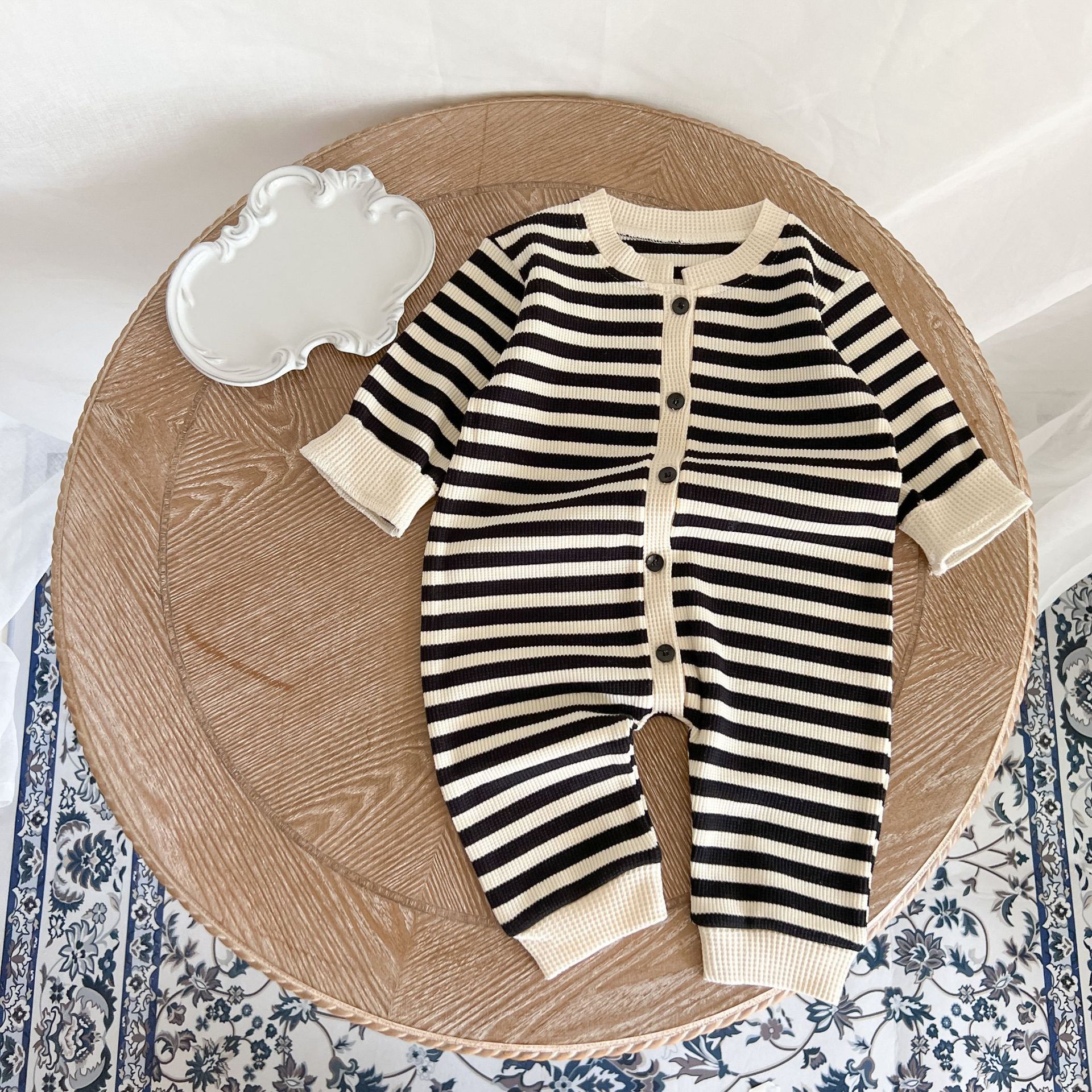 Picture of ins Korean style baby jumpsuit autumn new color matching striped baby romper sheath long romper