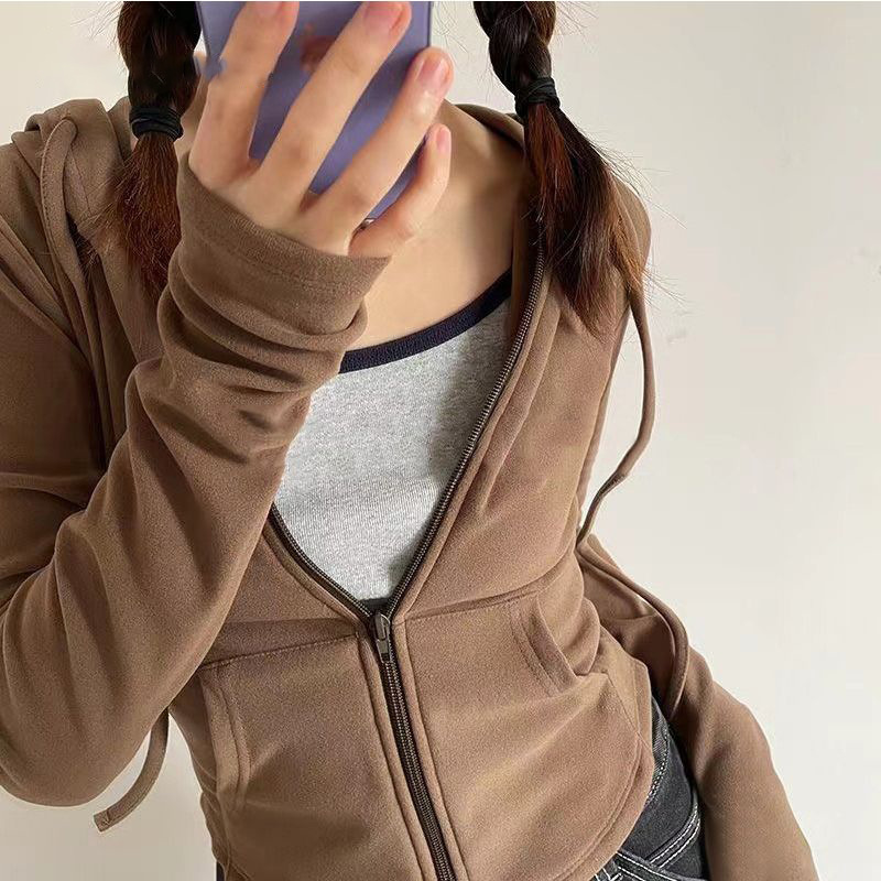 De velvet hot girl style hooded cardigan sweater coat for women Spring and Autumn slim fit waist slimming long sleeve short top fashion