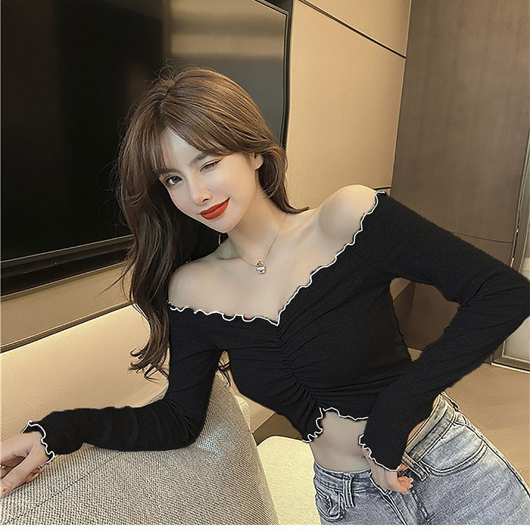 Hot European and American Short Top Women's Spice Girls Long-sleeved Niche Clavicle off-shoulder Sexy Shoulder Base Tight T-shirt