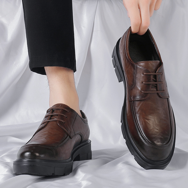 Men's Leather Shoes with 10cm Inner Height, Hand-Grabbed Business Formal Shoes, Low-Cut Lace-Up Thick-Soled British Breathable Groom's Wedding Shoes