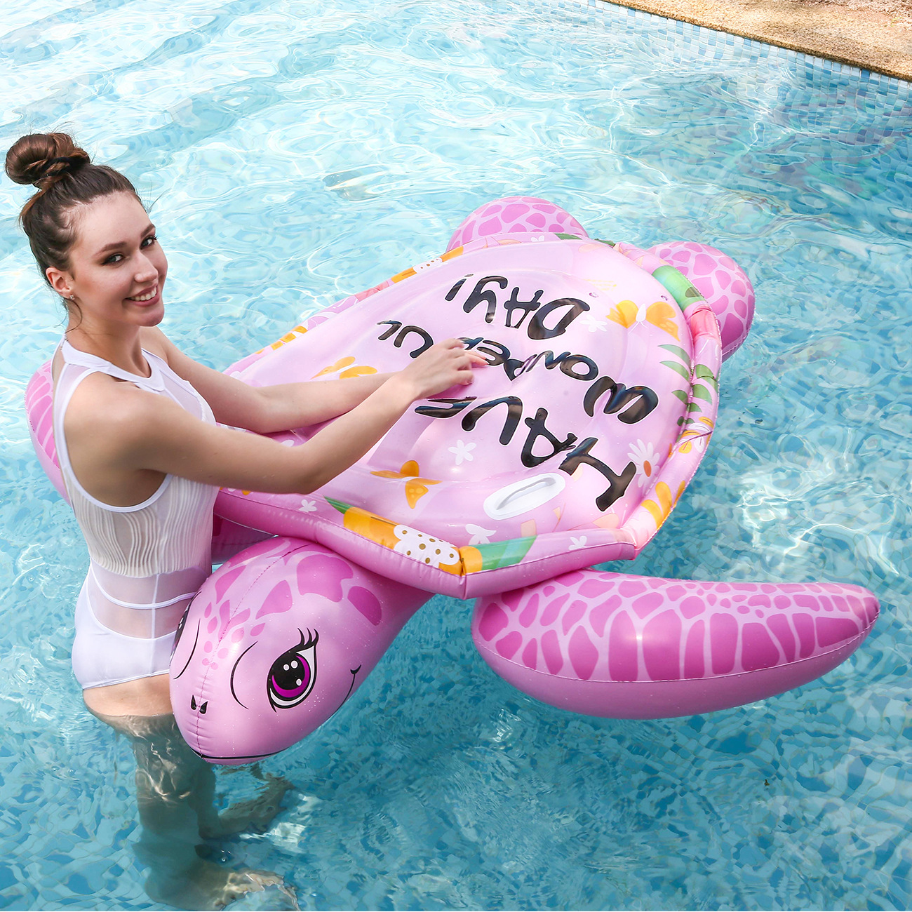 Picture of Adult inflatable pink turtle riding large water rafting mount floating row water toy swimming ring folding deck chair