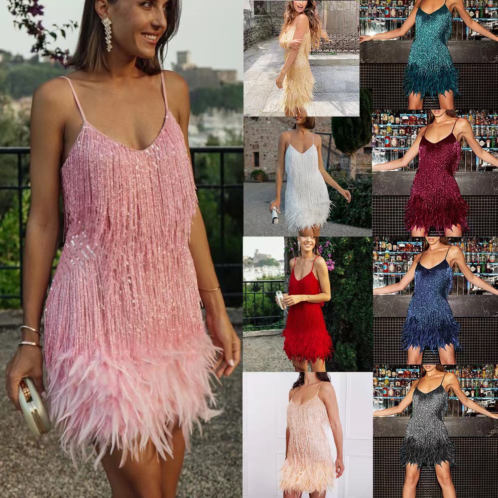 2025 Summer New Fashion Tassel Sequin Feather Splicing Dress Color Dress Amazon Direct Sales Ready Stock for Women